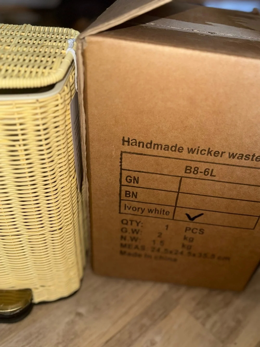 Handwoven Faux Rattan Trash Can Wicker Soft Slow Close Lid, Gold Tone Foot Pedal